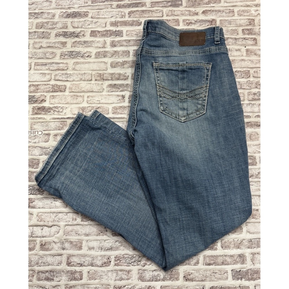 BKE Buckle Jeans Mens 38x32 Blue Derek Bootleg Denim Pants Faded Distressed Long